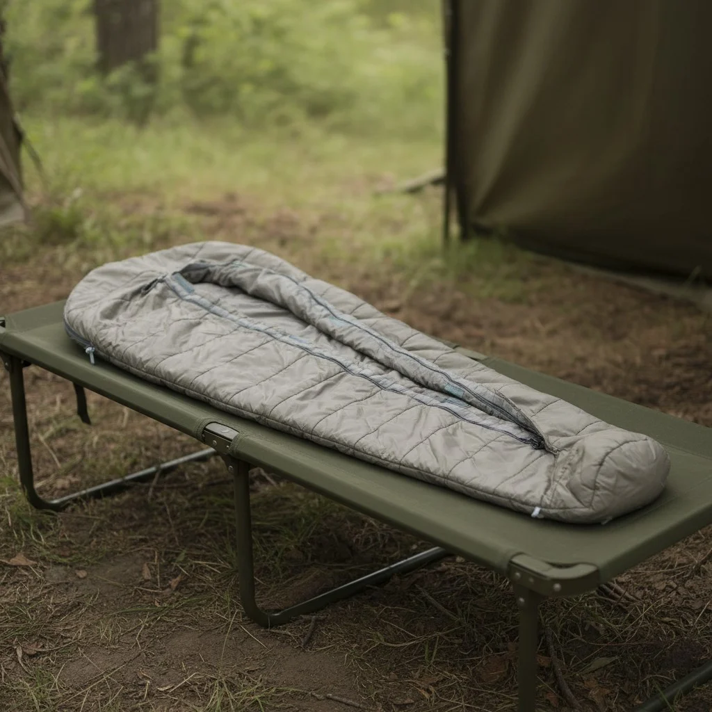 Sac de couchage militaire léger et tempéré SEYNTEX posé sur une table de camping à l’extérieur, prêt pour le bivouac.