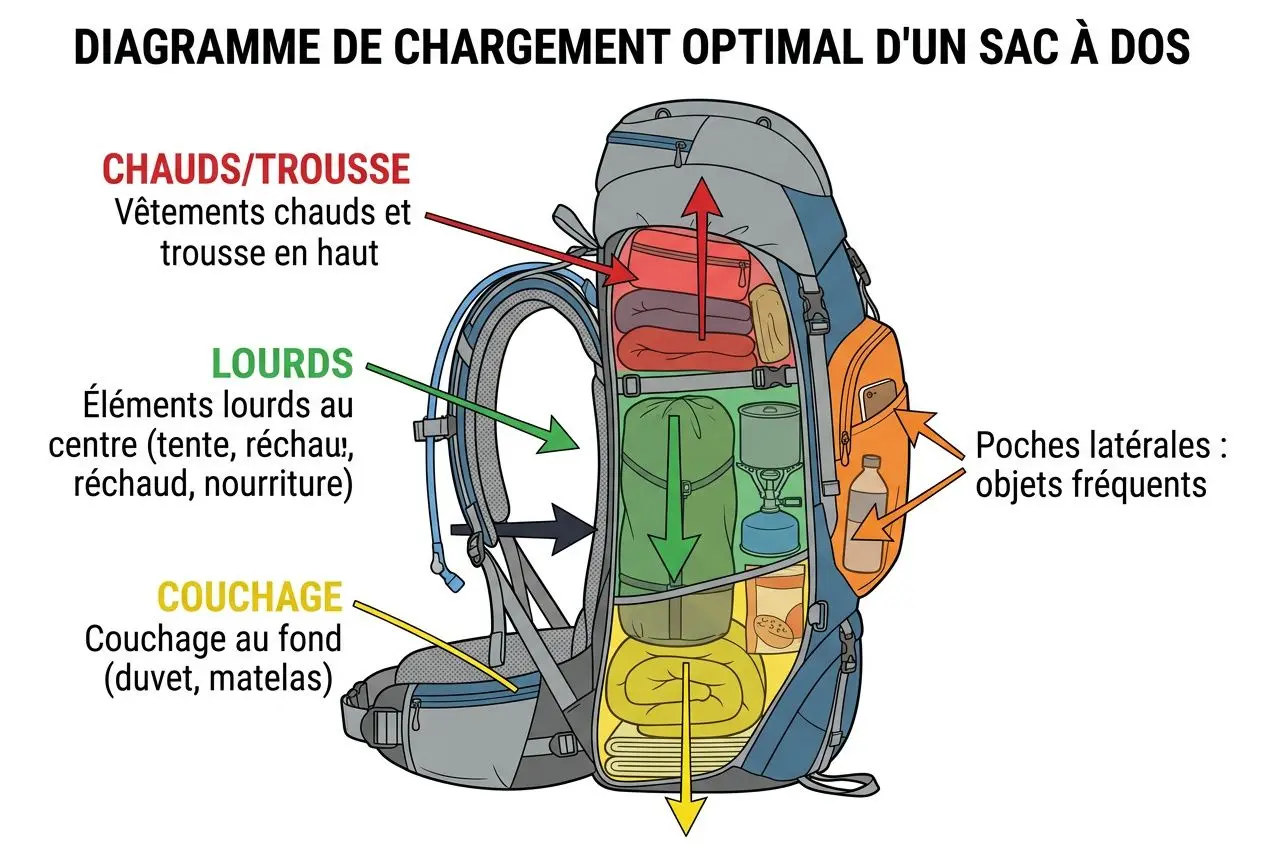 Schéma d’un sac à dos optimisé pour le bivouac: compartiments rangés, poche latérale avec objets fréquents et indications de charges chaudes, lourdes et de couchage. Préparer son sac paquetage pour le bivouac.