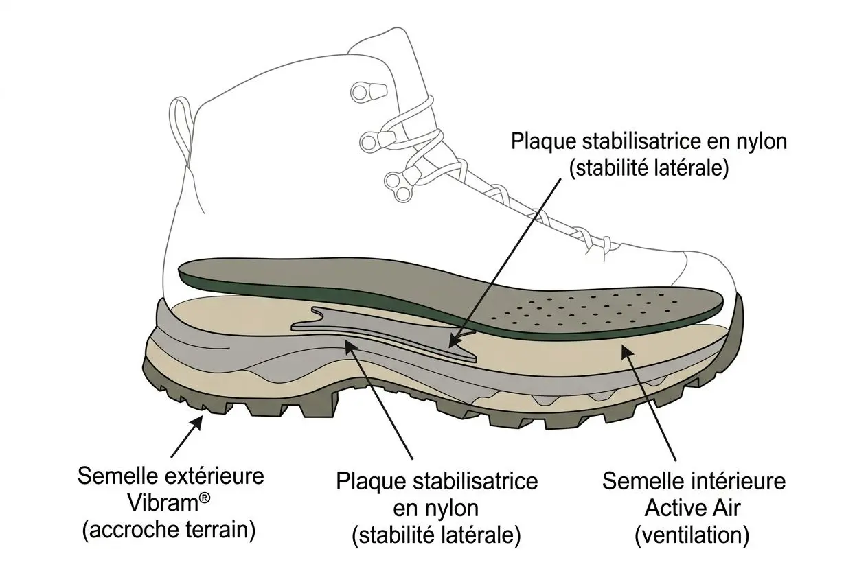 Schéma d’une chaussure de randonnée avec composants : plaque stabilisatrice en nylon, tige haute, semelle extérieure Vibram, semelle intermédiaire et plaque stabilisatrice en nylon (stabilité latérale), ventilation Active Air et accroche terrain.