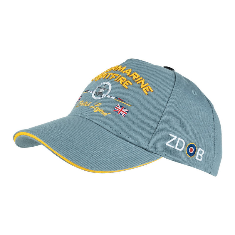 Casquette aviation RAF Supermarine Spitfire, couleur bleu clair avec broderies jaunes et drapeaux, bord jaune et logo ZD0B sur le côté.