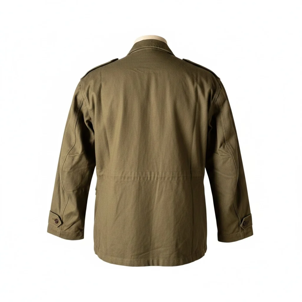 Chaqueta vintage M47 TTA del Ejército francés, vista trasera: corte oliváceo, charreteras y mangas largas, detalle de botones en los puños.