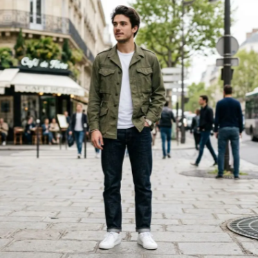 Veste M47 TTA Armée française : homme debout en veste militaire olive, chemise blanche et jean bleu, rue urbaine.