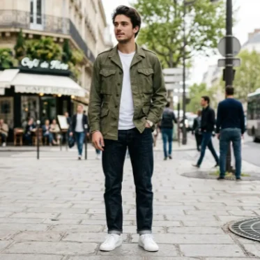 Chaqueta M47 TTA del Ejército francés: hombre de pie con chaqueta militar color oliva, camisa blanca y vaqueros azules, calle urbana.