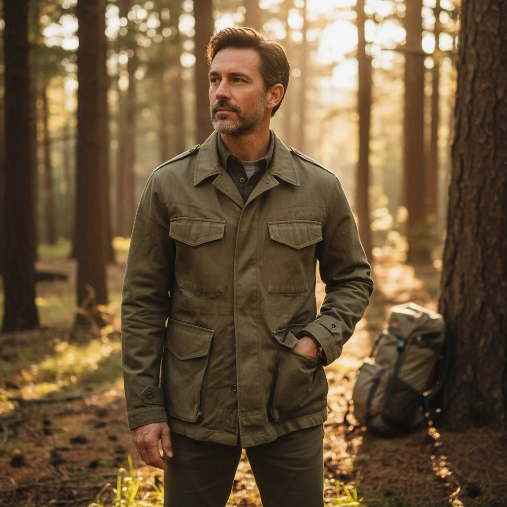 Chaqueta caqui M47 TTA del Ejército francés llevada por un hombre en un bosque, estilo militar vintage, con mochila al fondo.