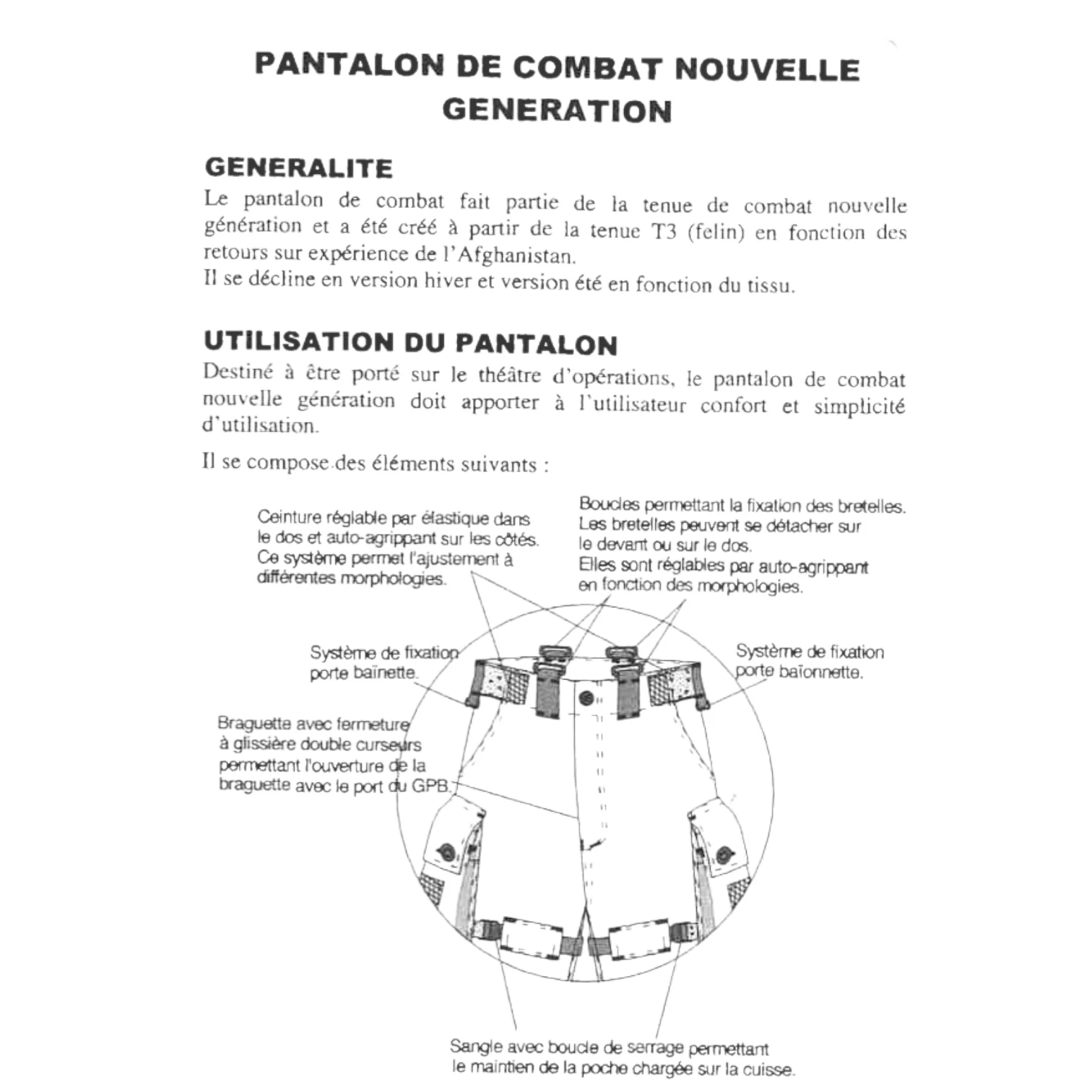 Pantalon treillis de combat nouvelle génération en satin, modèle pour l’armée française, prêt pour les tests et détaillé par schéma technique.