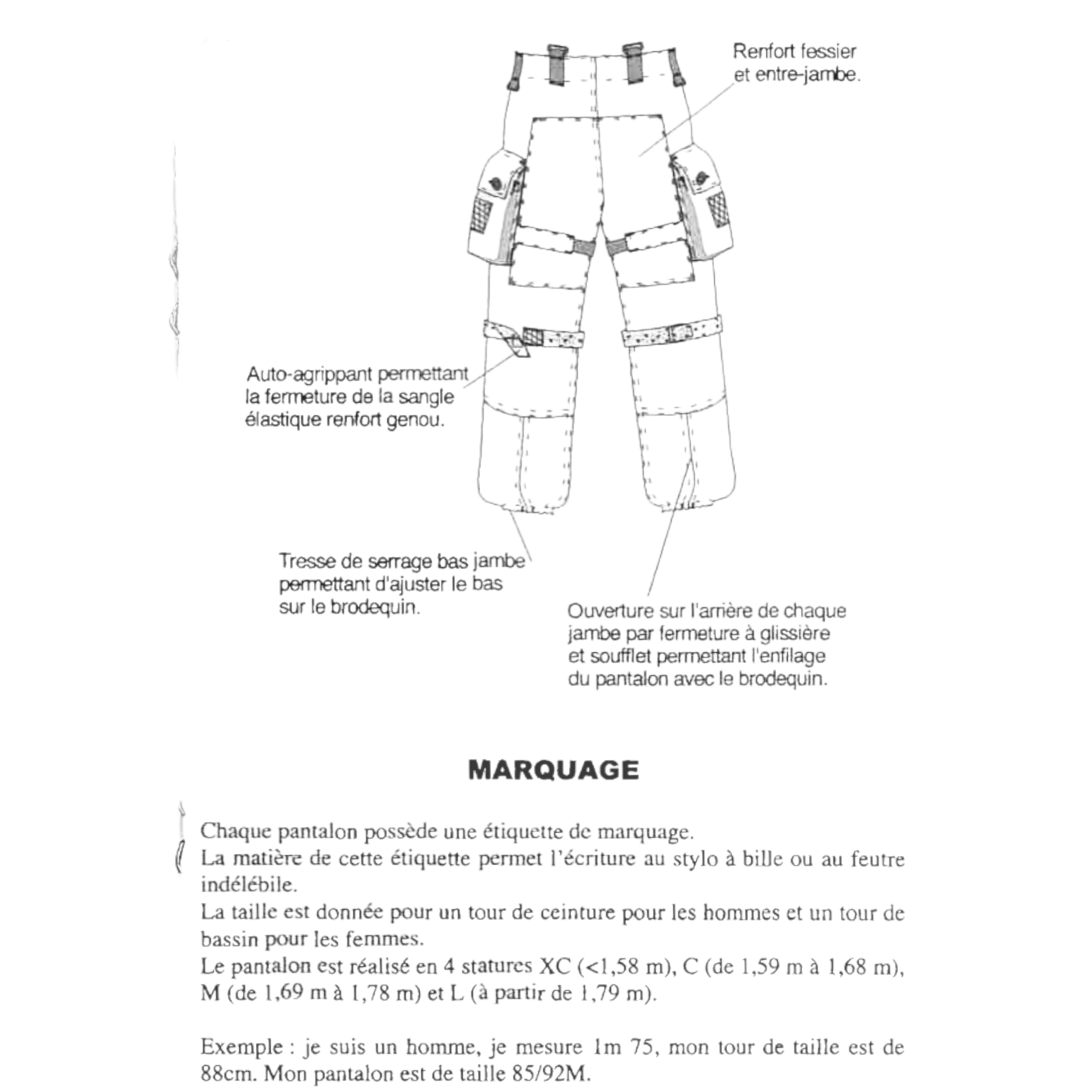 Pantalon treillis de combat CCE satin – Armée française, avec poches latérales, renforts et sangles, illustration technique d’équipement militaire.