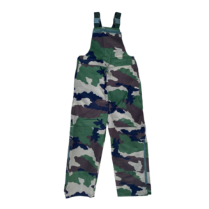 Salopette imperméable camouflage Armée française, bretelles ajustables et boutons, pantalon résistant pour météo pluvieuse.