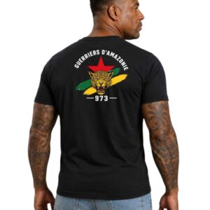 T‑shirt noir « Guerriers d’Amazonie », vue arrière: logo avec jaguar, étoile rouge et touches vert et jaune, 973 au centre.