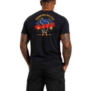 T-shirt noir Ultramarins « Guerriers des Îles » 976 Mayotte, dos affichant motif coloré et chiffres 9/6. Couture coton 190 g.