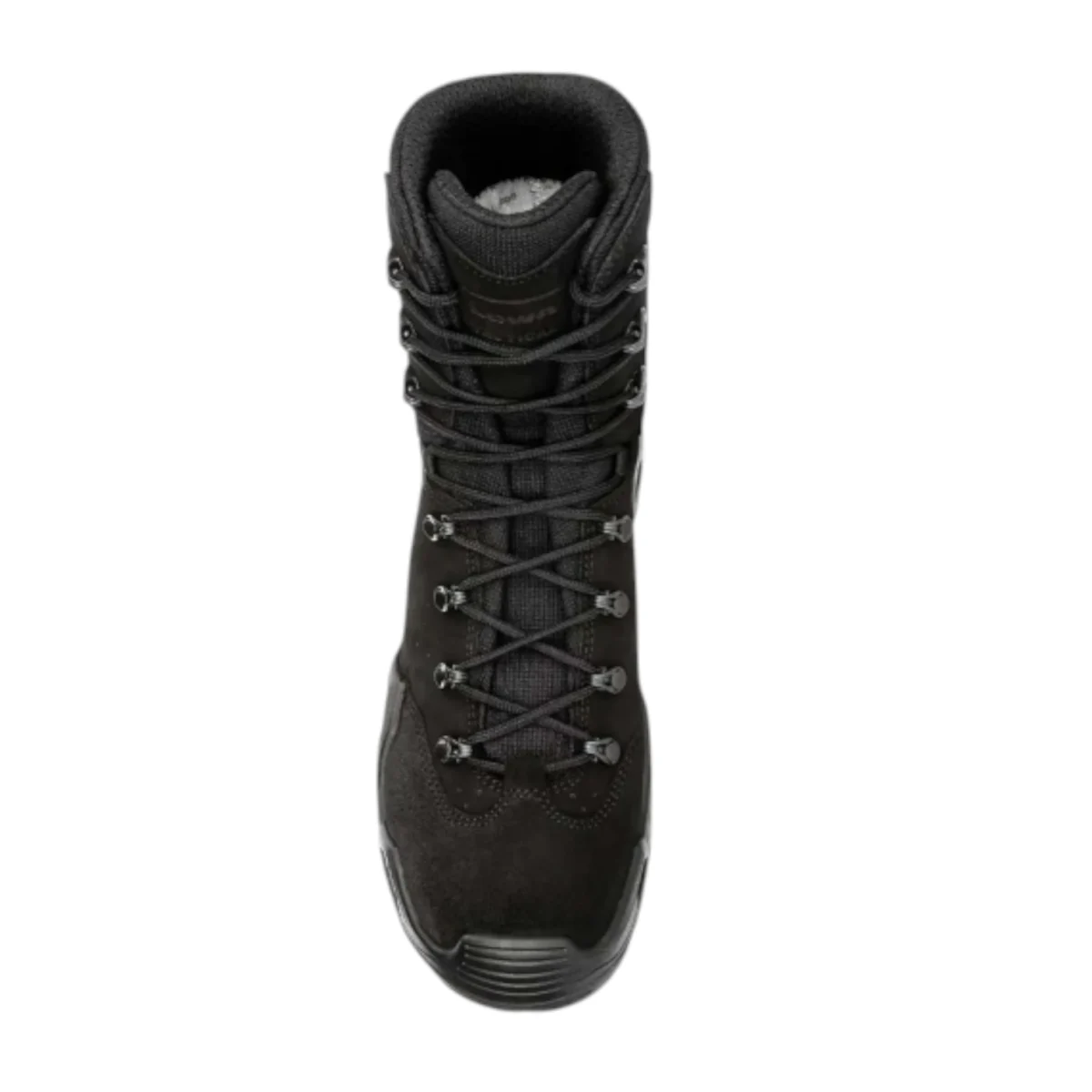 Botte militaire noire vue de dessus, lacets crantés et renforcement à l’avant, taille haute pour assouplir rangers neuves et prévenir les ampoules.