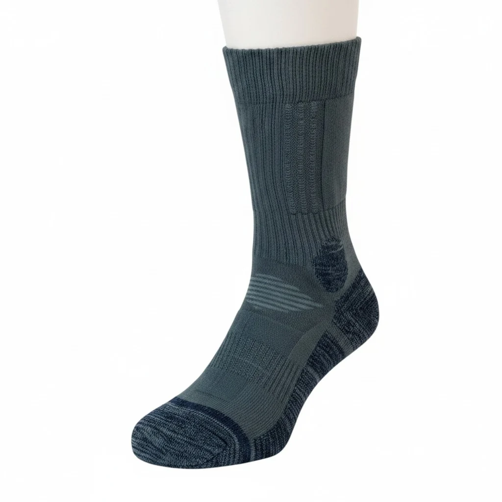 Chaussette montante technique en gris bleu, structure tricotée avec zones renforcées. adaptée au sport, fibre respirante. choisir ses chaussettes en fonction de la température.