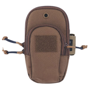 Pochette de bras multifonctions en tissu brun avec compartiments zippés et attache simple, conçue pour être portée au bras.
