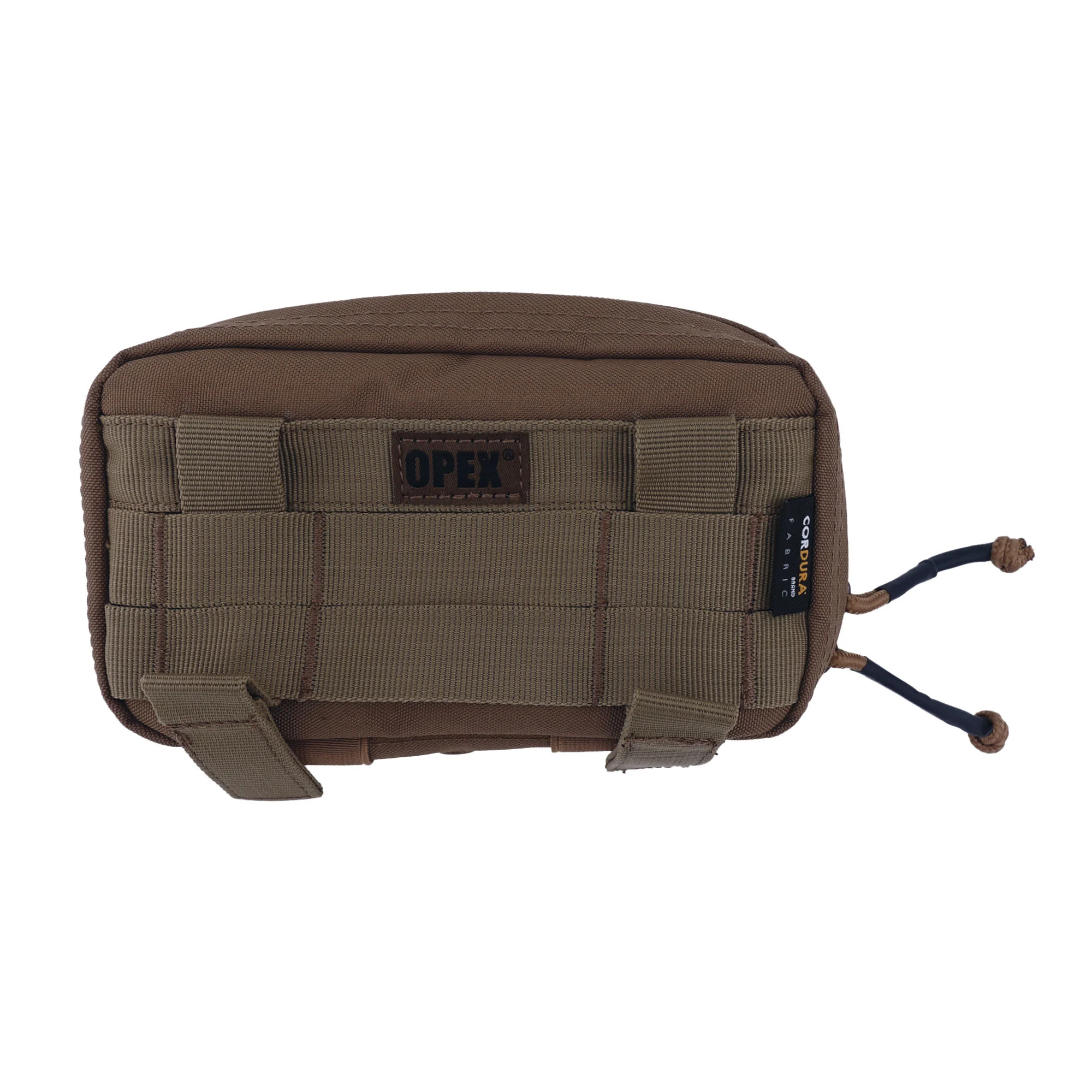 Pochette horizontale multifonctions Wyoming en noir, vert et tan, vue de dos avec bande olivâtre et rangements MOLLE, détails cordon et étiquette OPEX.