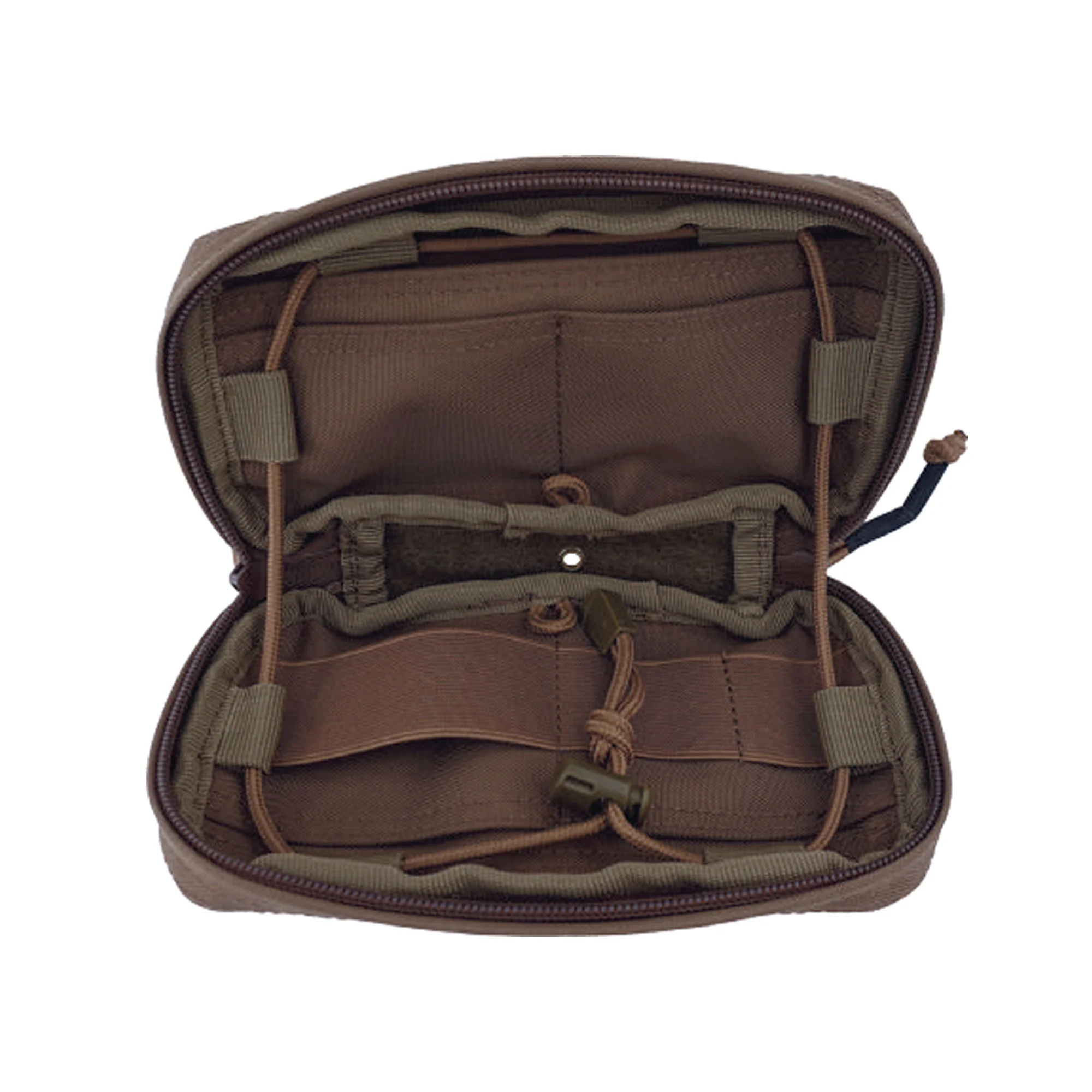 Pochette horizontale multifonctions Wyoming noire/verte/tan ouverte, montrant compartiments internes, sangles et organisation modulable.