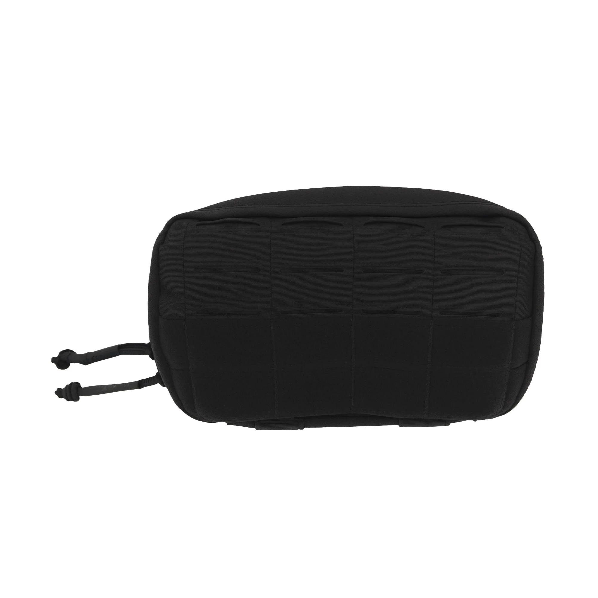 Pochette horizontale multifonctions Wyoming noire, vue de face; logo droit, compartiments élastiques et fermetures zippées, côté roues et sangles.