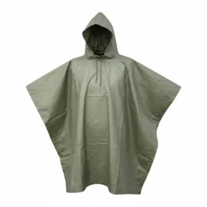 Poncho coupe-vent kaki, à capuche ample, idéal comme couverture d’urgence dans le cadre des indispensables d'un kit de survie.