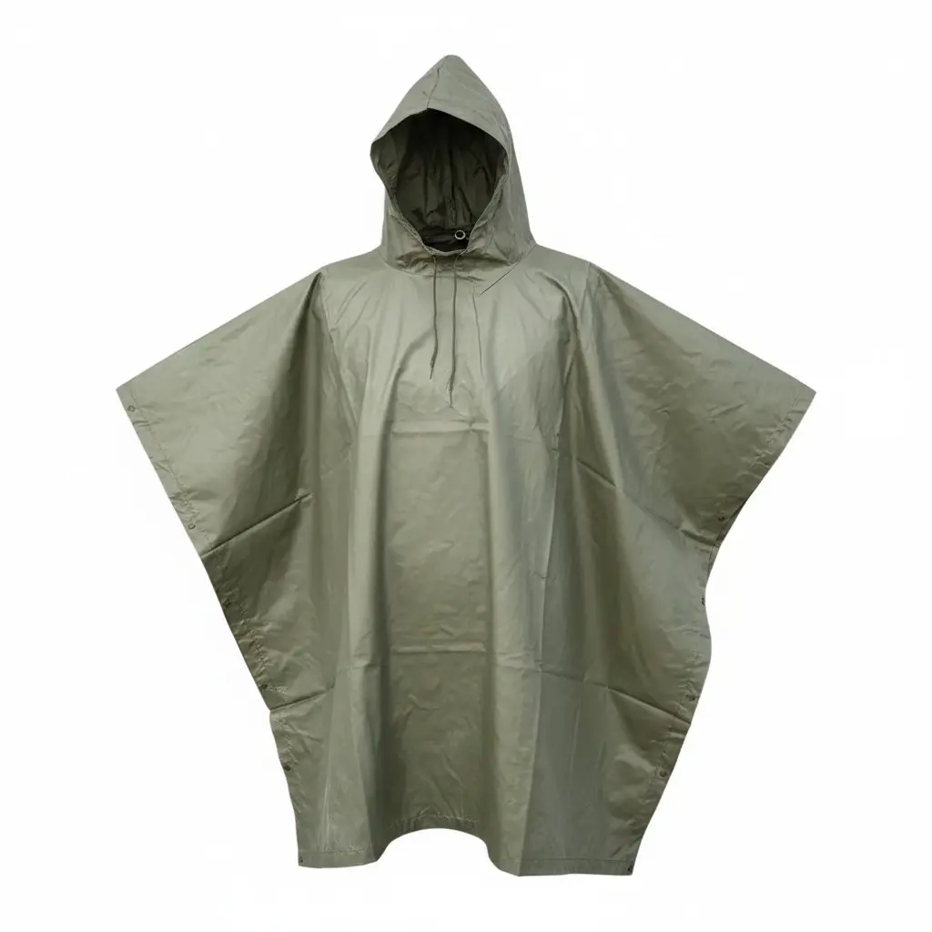 Poncho coupe-vent kaki, à capuche ample, idéal comme couverture d’urgence dans le cadre des indispensables d'un kit de survie.