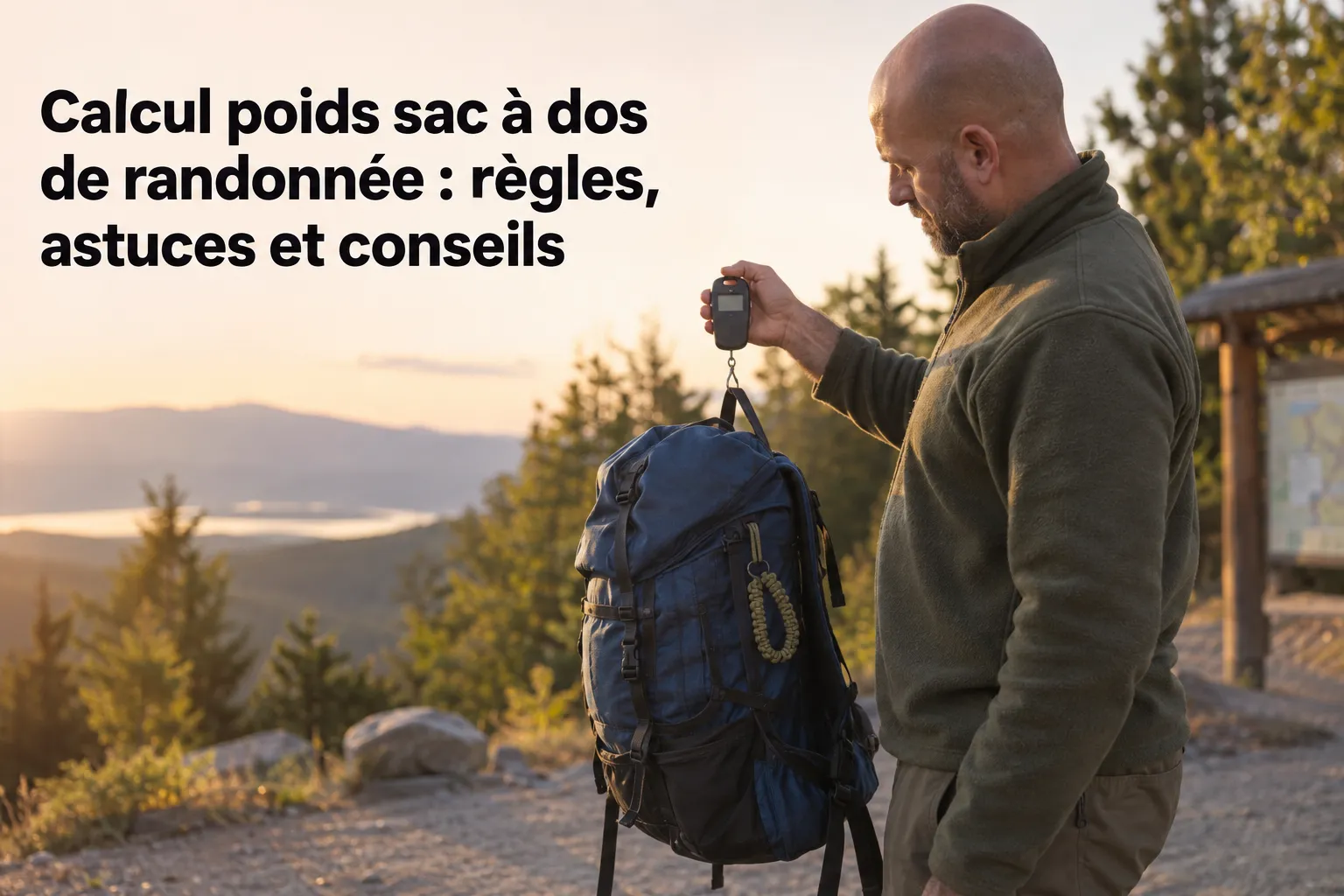 Calcul poids sac randonnée : homme mesurant le poids du sac à dos lors d’une randonnée en nature au coucher du soleil.