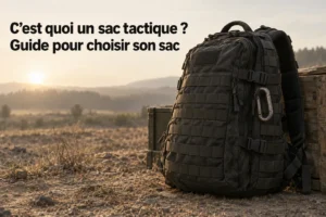 C’est quoi un sac tactique ? Guide pour choisir son sac, sac à dos noir tactique en extérieur, posé sur le sol avec boucles et sangles visibles.