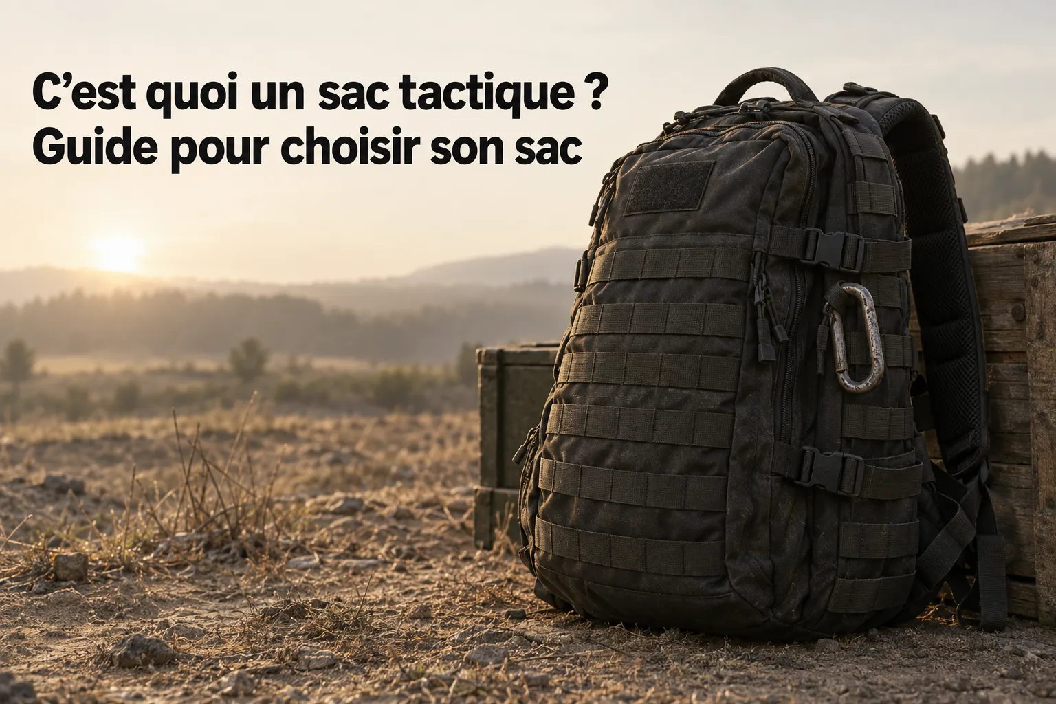 C’est quoi un sac tactique ? Guide pour choisir son sac, sac à dos noir tactique en extérieur, posé sur le sol avec boucles et sangles visibles.