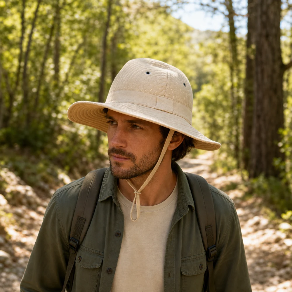 Chapeau de brousse sable en toile légère avec jugulaire – Image 3