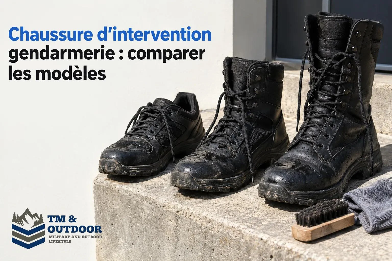 Chaussures de gendarmerie d’intervention noires vetustes posées sur un rebord avec brosse à chaussure à côté.