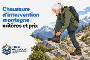 Une femme marche sur des rochers en montagne, en train d’attacher ses chaussures d’intervention avec un sac à dos.