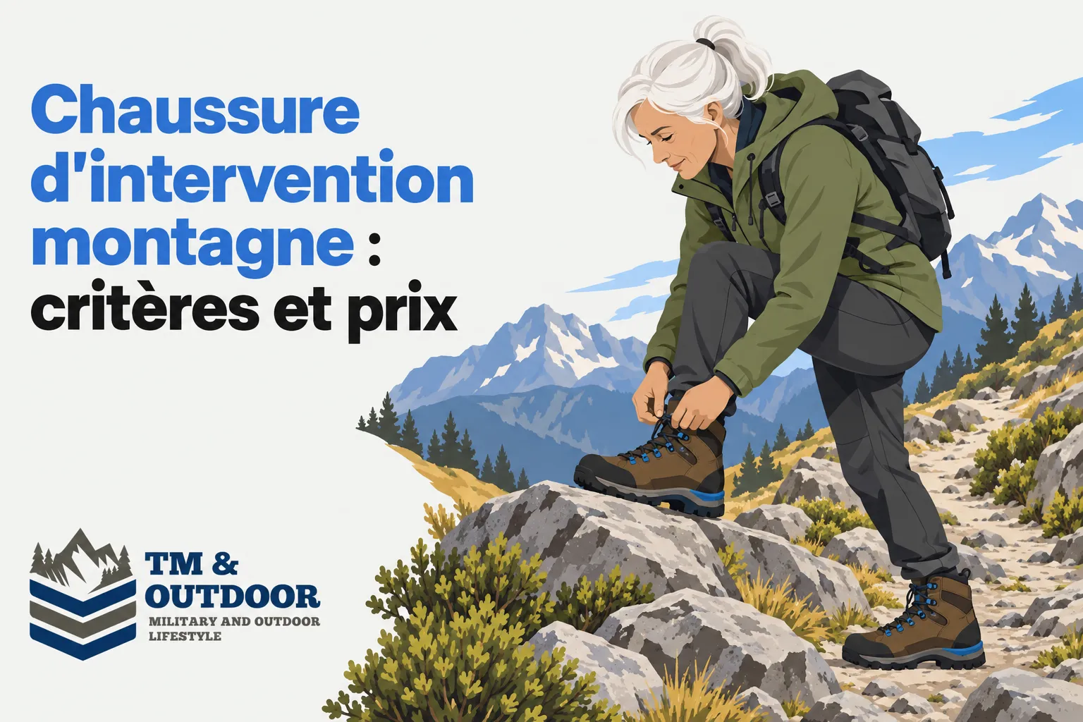 Une femme marche sur des rochers en montagne, en train d’attacher ses chaussures d’intervention avec un sac à dos.
