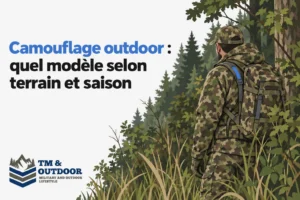Homme en tenue camouflage debout dans la forêt, vu de dos, regardant le paysage.