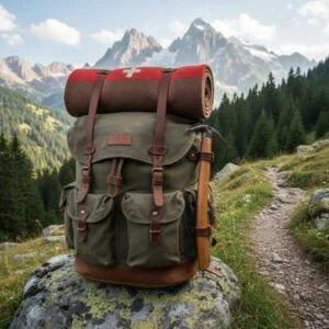 Sac à dos militaire avec couverture et tapis de sol roulé, prêt pour un bivouac militaire toutes saisons dans un paysage montagneux.